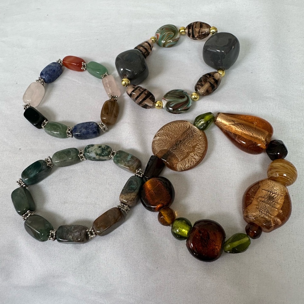 Glass and natural polished stone stretch style bracelets
